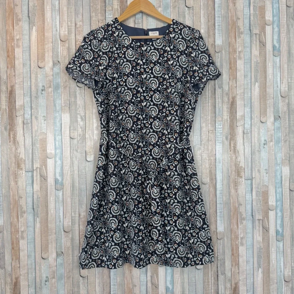 J‎ Crew 12 Navy Floral Paisley Belted Suiting Dress Short Sleeve Office Sheath